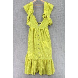 Loragal Mini Dress Women XL Yellow Ruffle Bow Tie Straps Geometric Stripe Summer